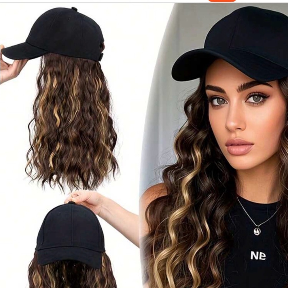 Black Cap with Wavy Brown Hair Extension